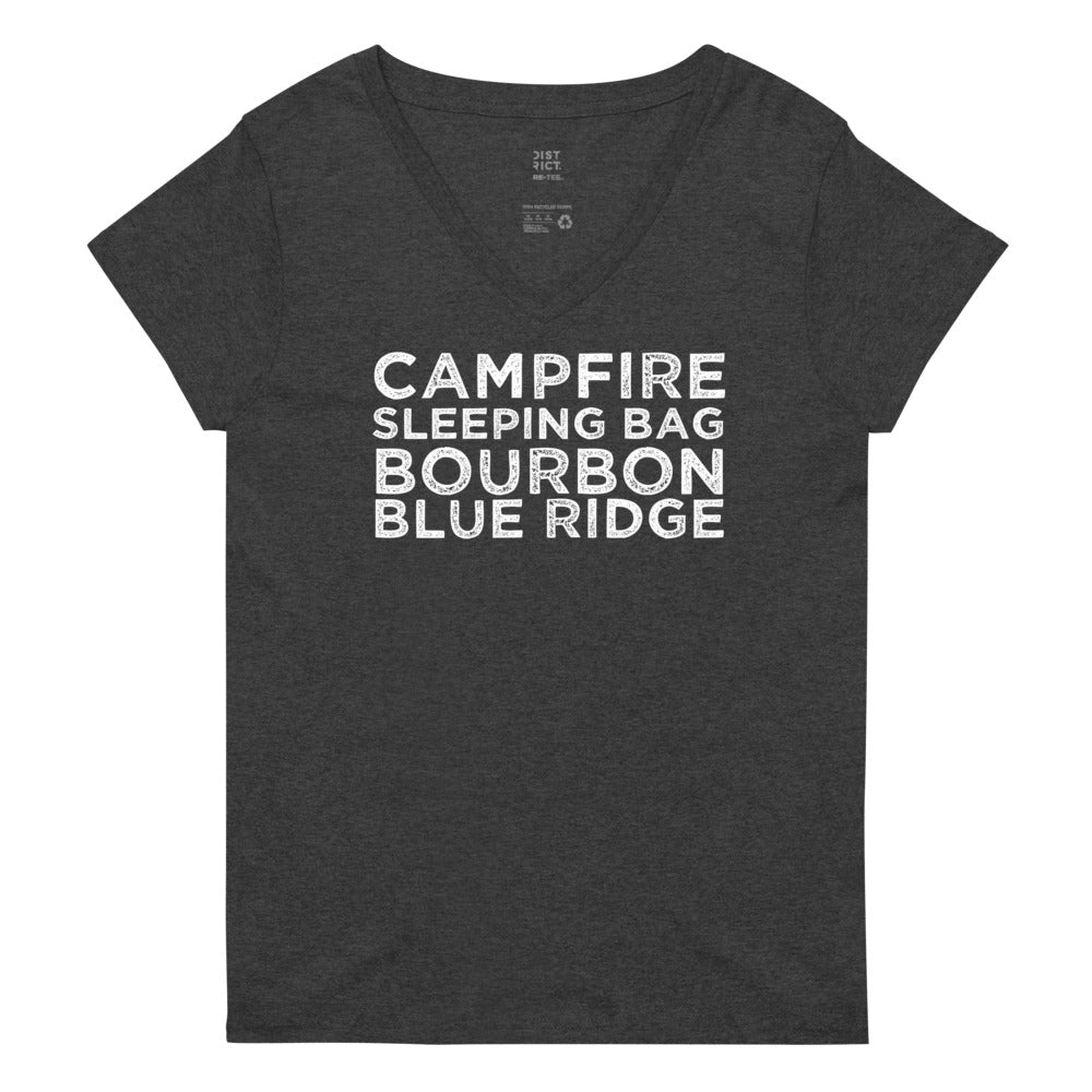 "Campfire, Sleeping Bag, Bourbon" Women’s Recycled V-Neck Tee